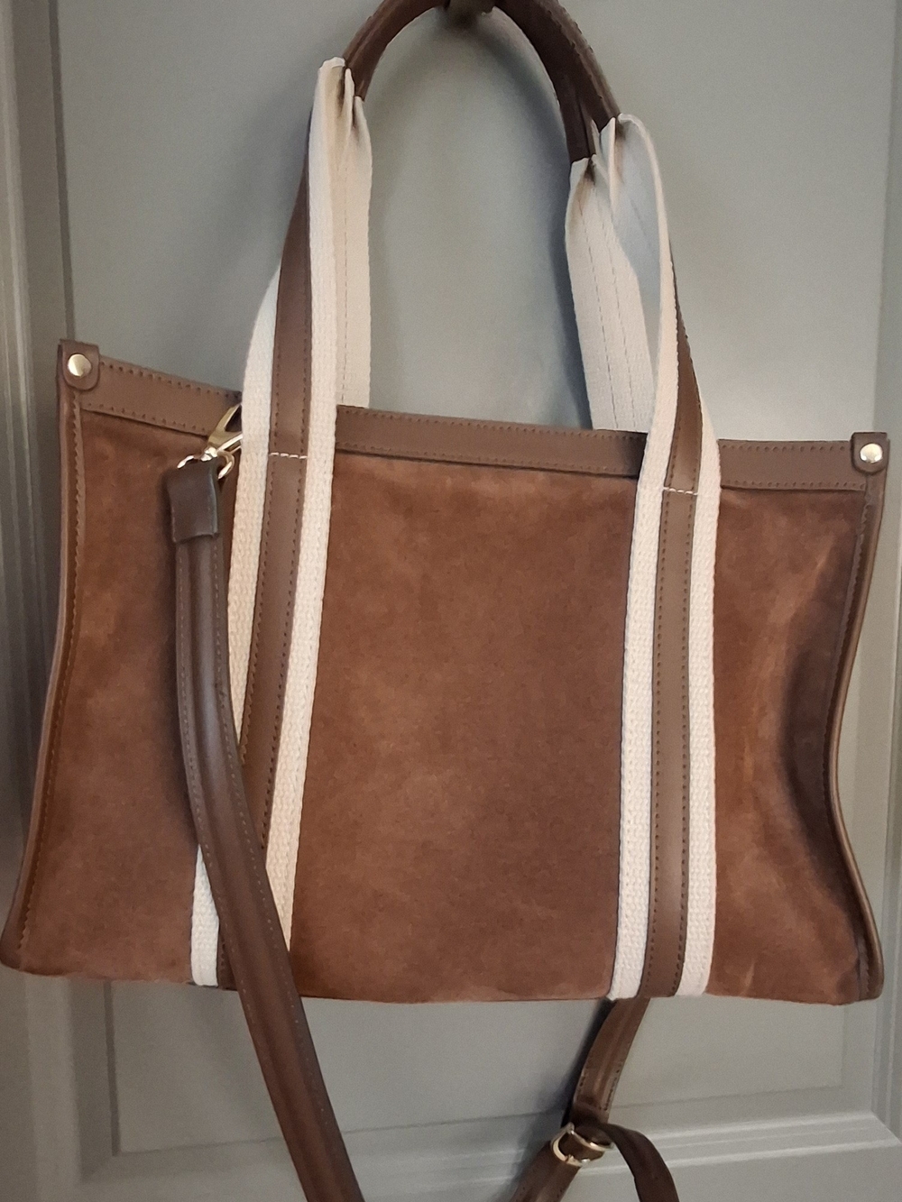 Brown Suede Shoulder Tote with Cream Webbing Straps